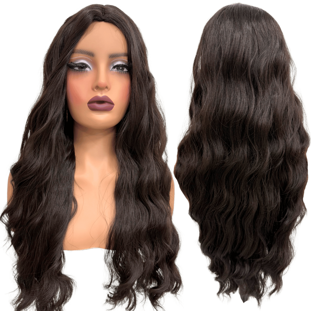 Peruca castanho 4 ondulada comprida longa meio silk top