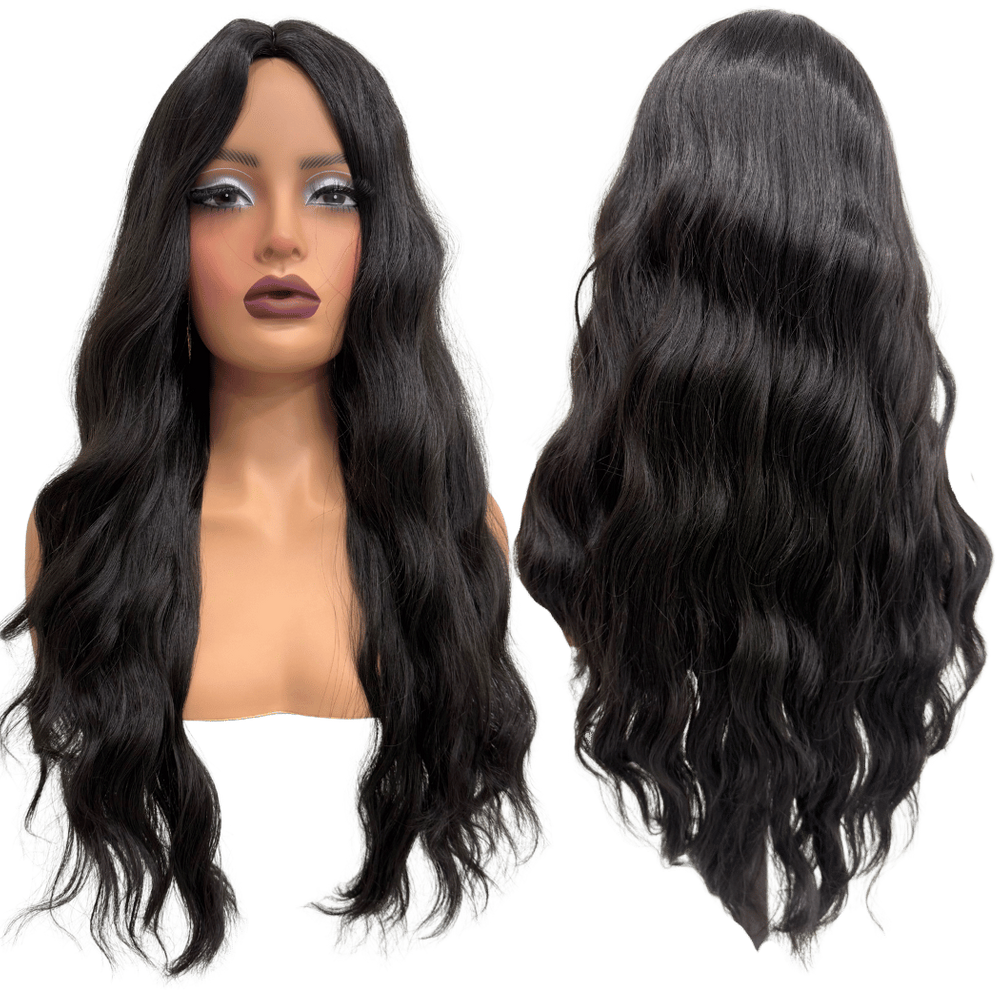 Peruca preto natural 2 ondulada comprida longa meio silk top