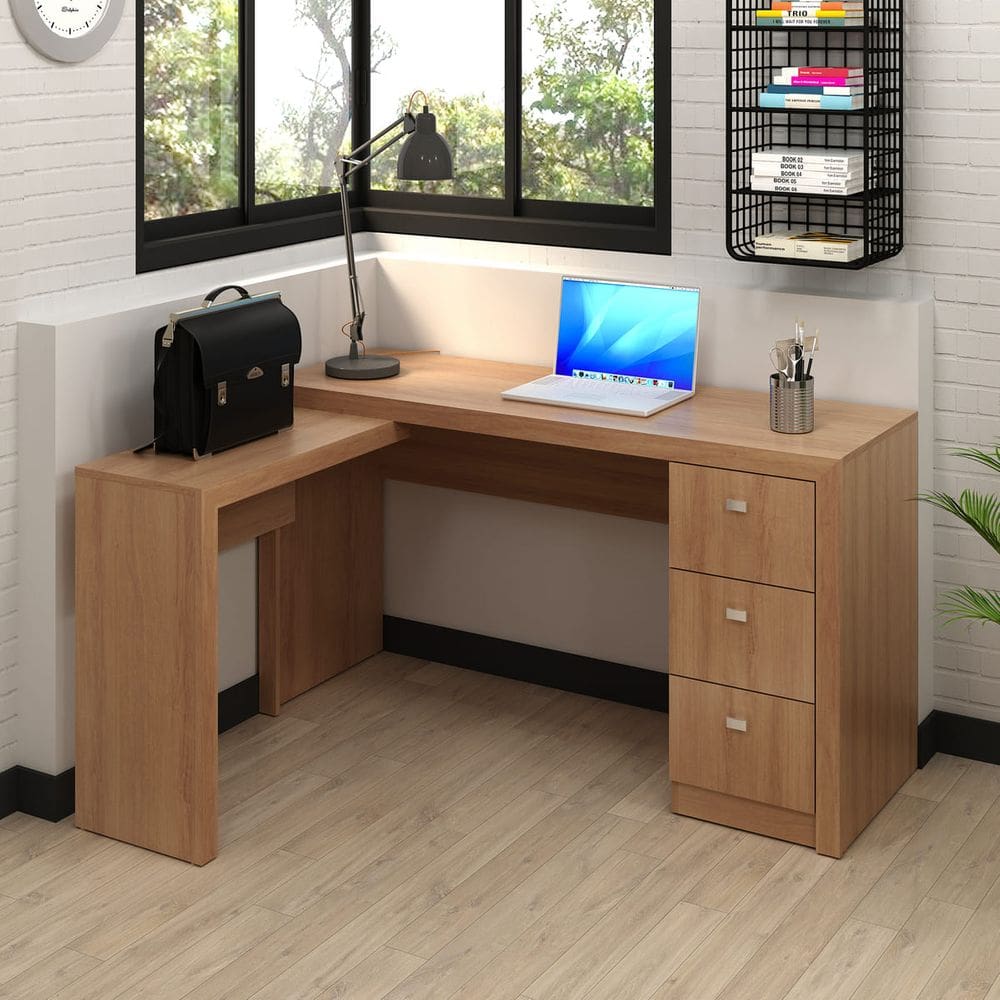 Mesa para Escritório em L com 3 Gavetas ME4101 Amêndoa