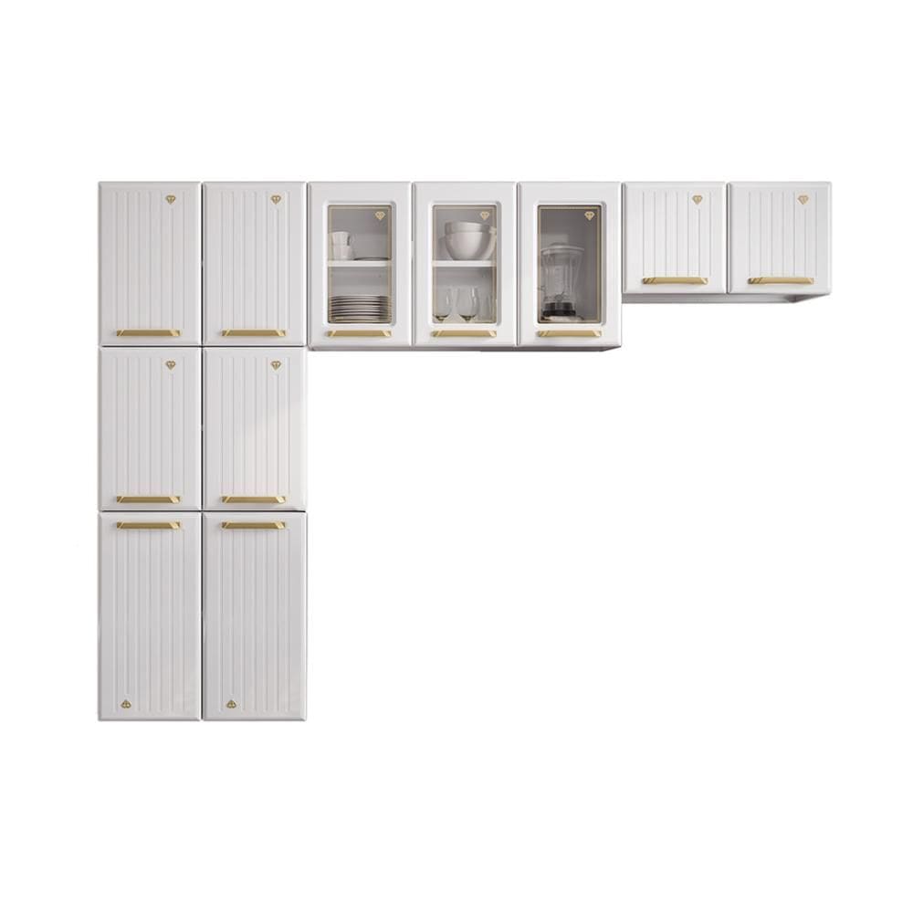 Cozinha Compacta Aço 3 Peças com Vidros Armários Aéreos e Paneleiro Multimóveis CR20368