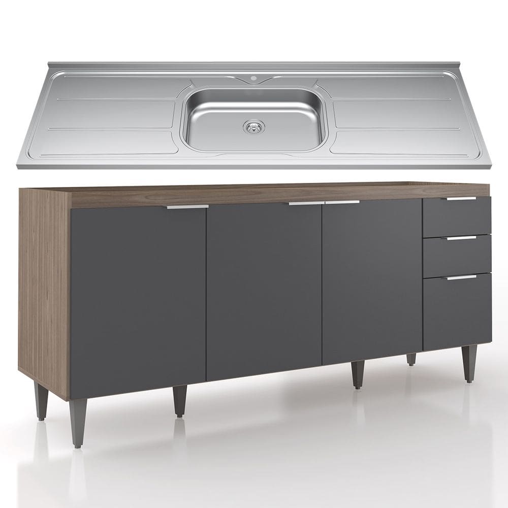 Balcão de Cozinha Com Pia Inox 180cm Pérola Z34 Freijó/Grafite - Mpozenato