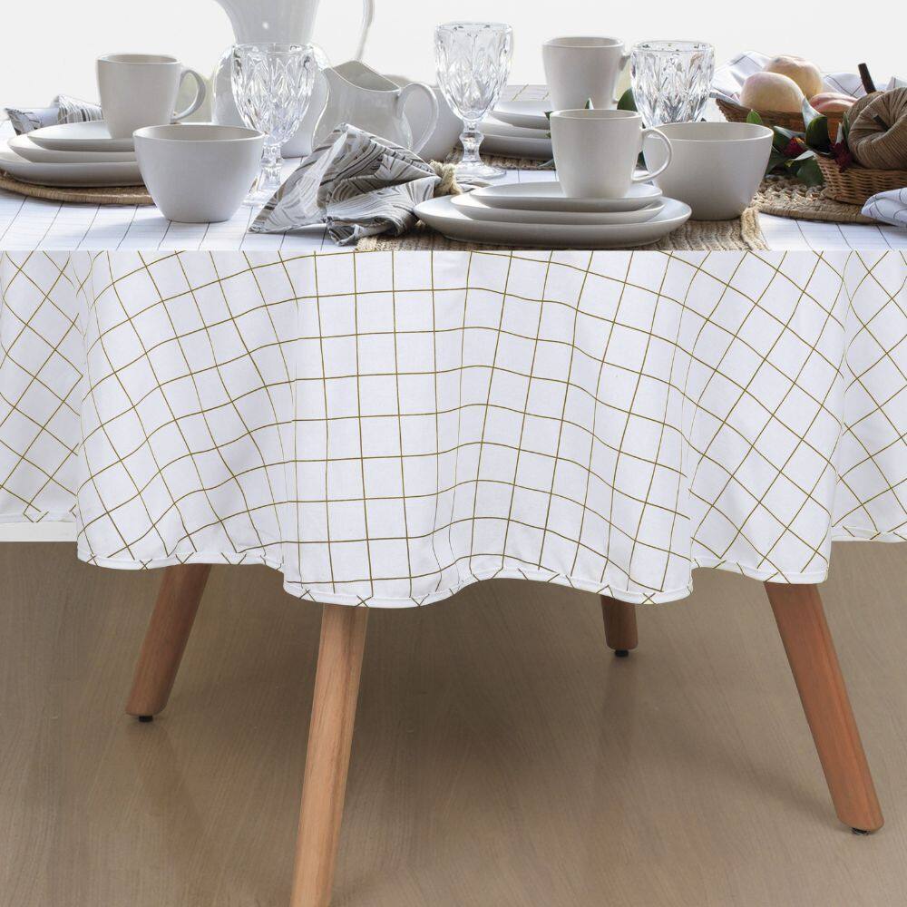 Toalha de Mesa Naturalle Limpeza Prática Redonda 1,80m Grid Bege