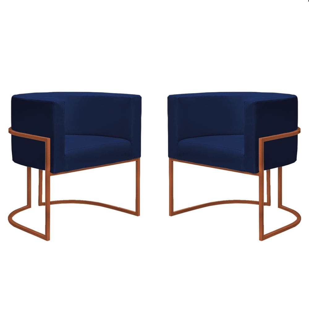 Kit 2 Poltronas Reforçadas Decorativa Sala Nayara Base Ferro Bronze Suede Azul Marinho