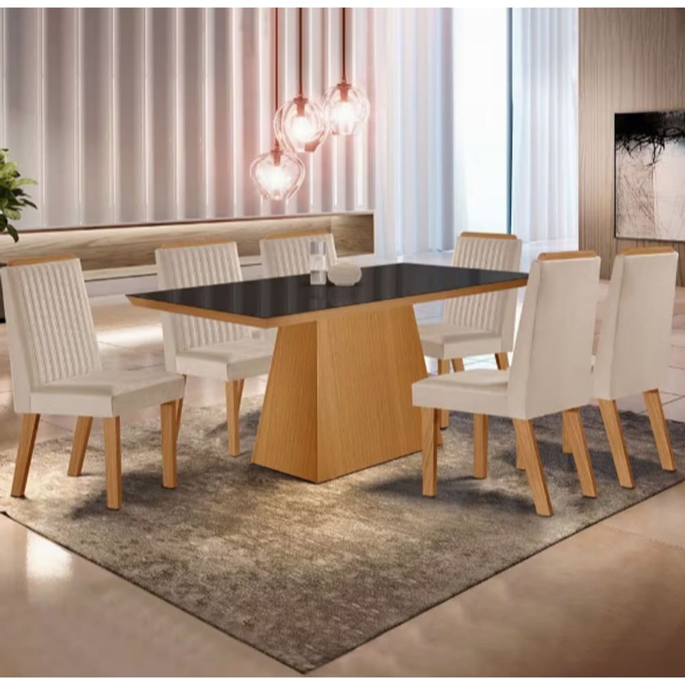 Mesa Prada 180x90 Com Vidro Tampo Preto 6 Cadeiras Riviera