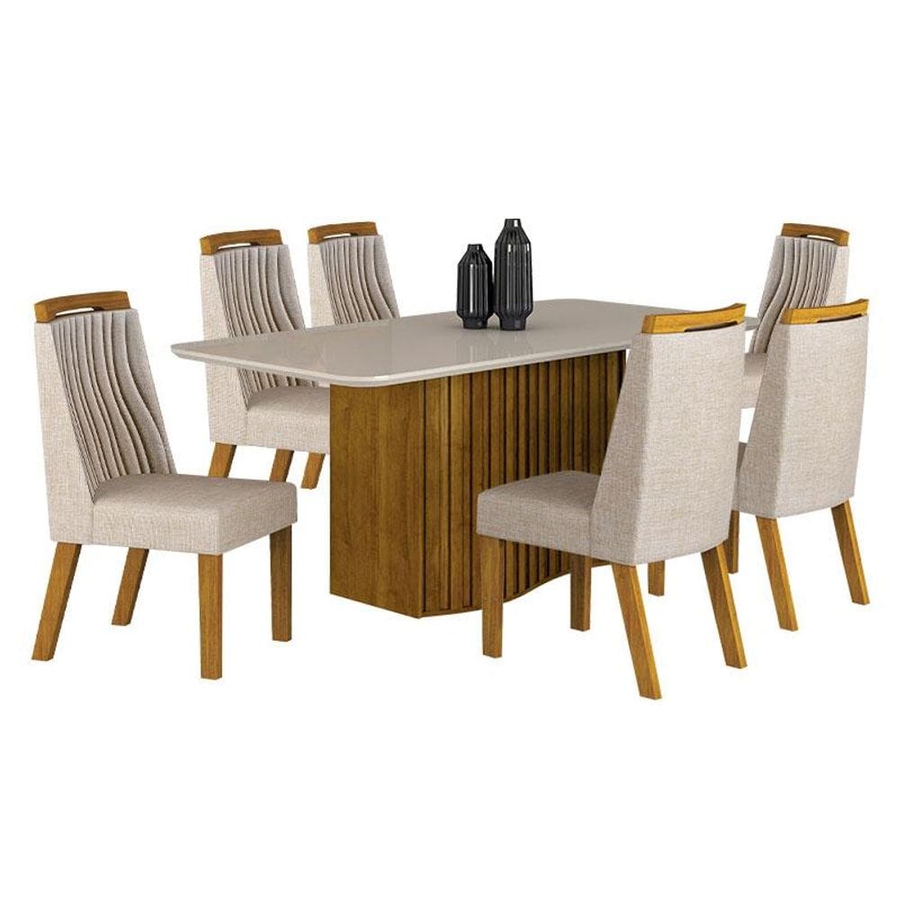 Mesa de Jantar Siena 180x90cm Freijó Off White com 6 Cadeiras Freijó Linho Palha – Leifer Móveis