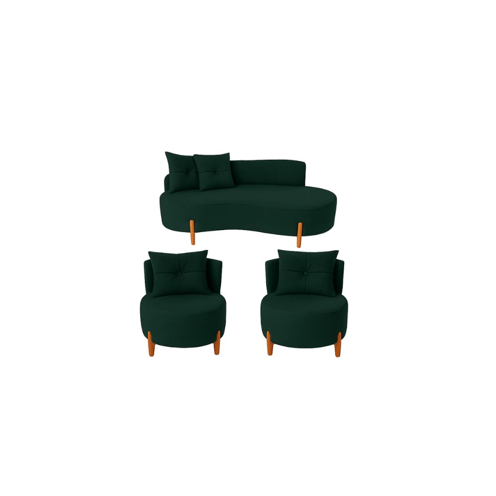 Conjunto 2 Poltronas + Sofá Curvo Orgânico Veludo Verde - Montanaris Decor
