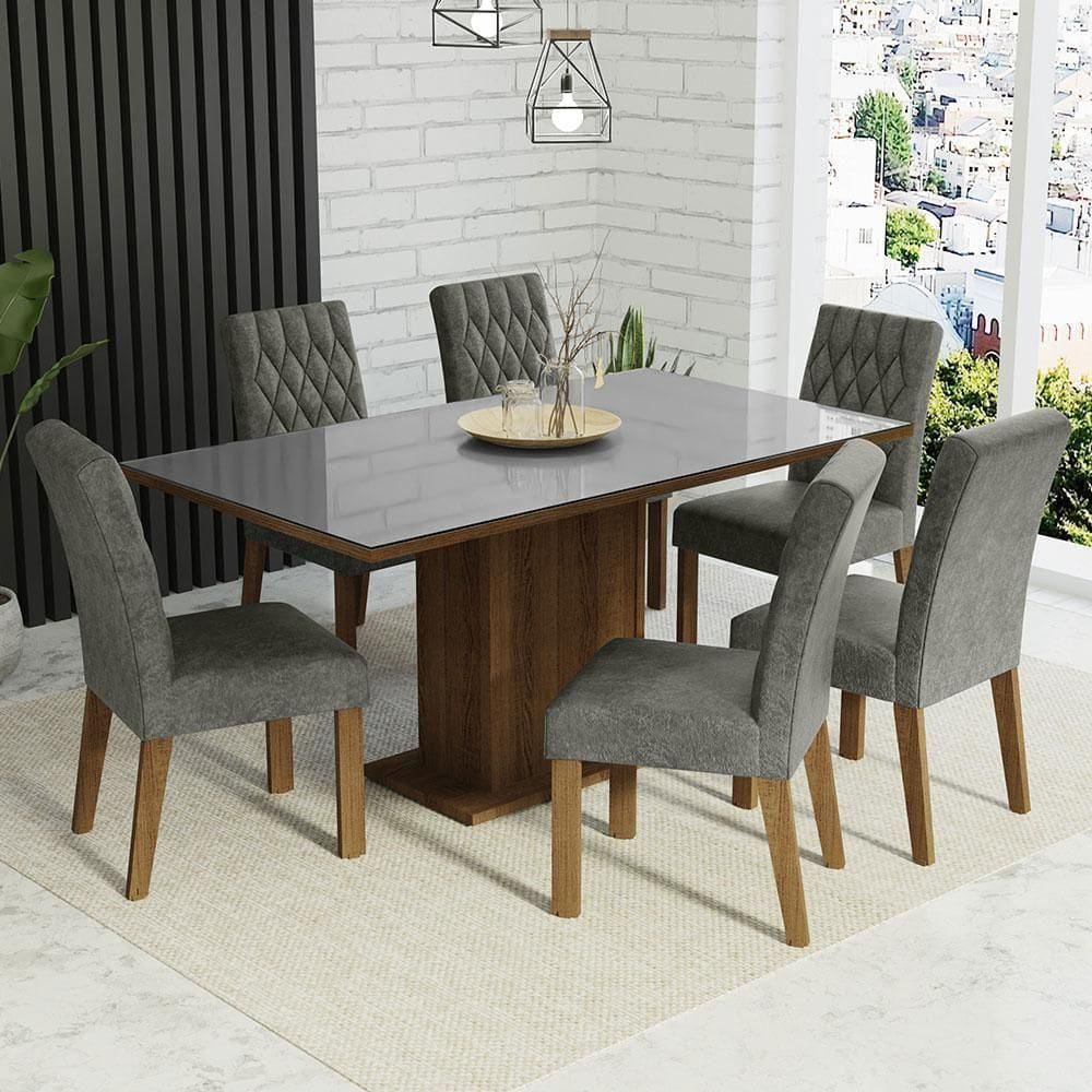 Conjunto Sala De Jantar Mesa Tampo De Vidro 6 Cadeiras