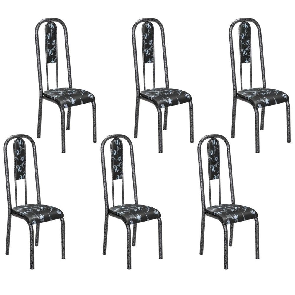 Conjunto de 6 cadeiras Teixeira Madri com encosto martelado preto