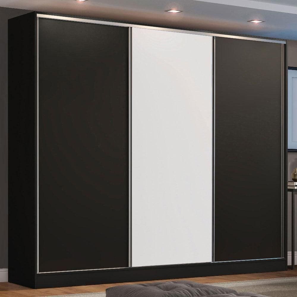 Guarda Roupa Casal Madesa 3 Portas de Correr Preto Branco