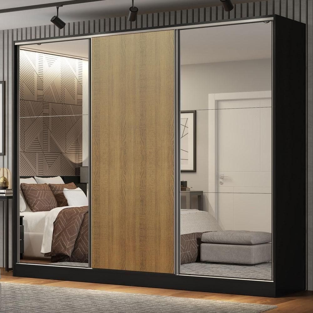 Guarda Roupa Casal Royale 3 Portas de Correr Espelho Rústico