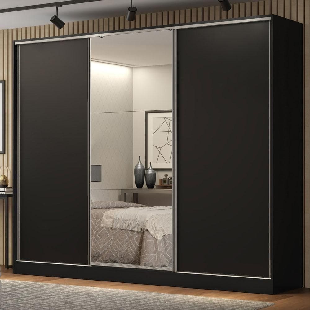 Guarda Roupa Casal 100% MDF Madesa Royale 3 Portas De Correr Com Espelho Preto