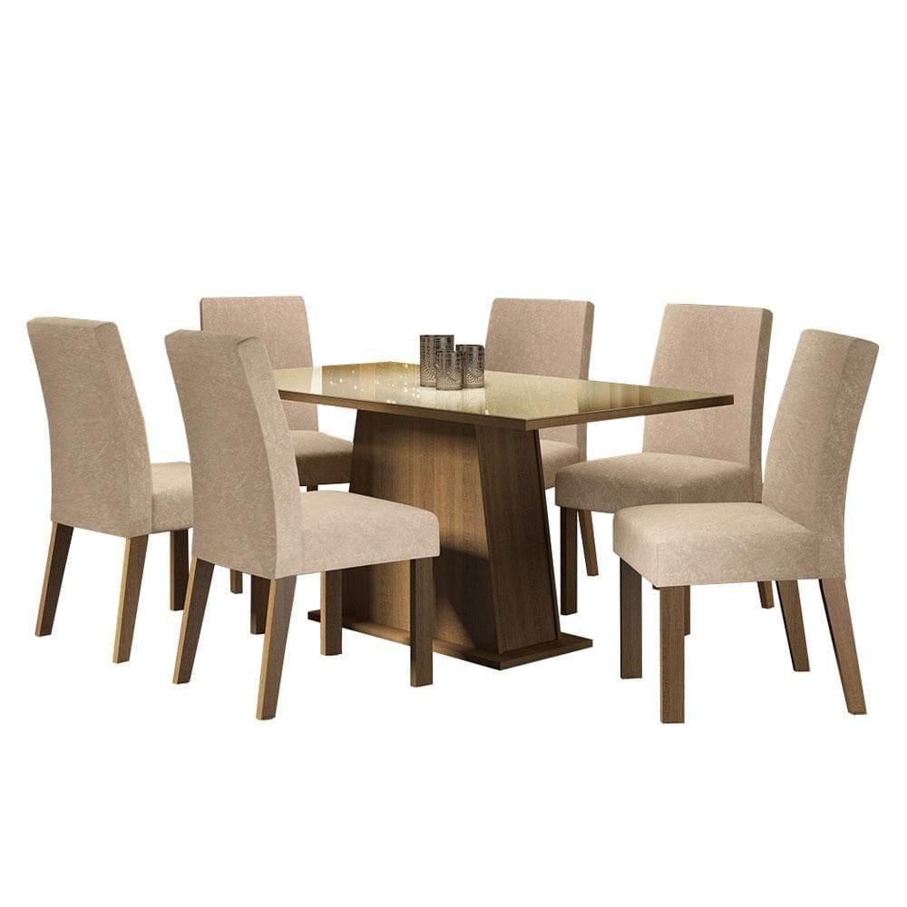 Mesa Tampo De Vidro Com 6 Cadeiras Rustic/crema/imperial
