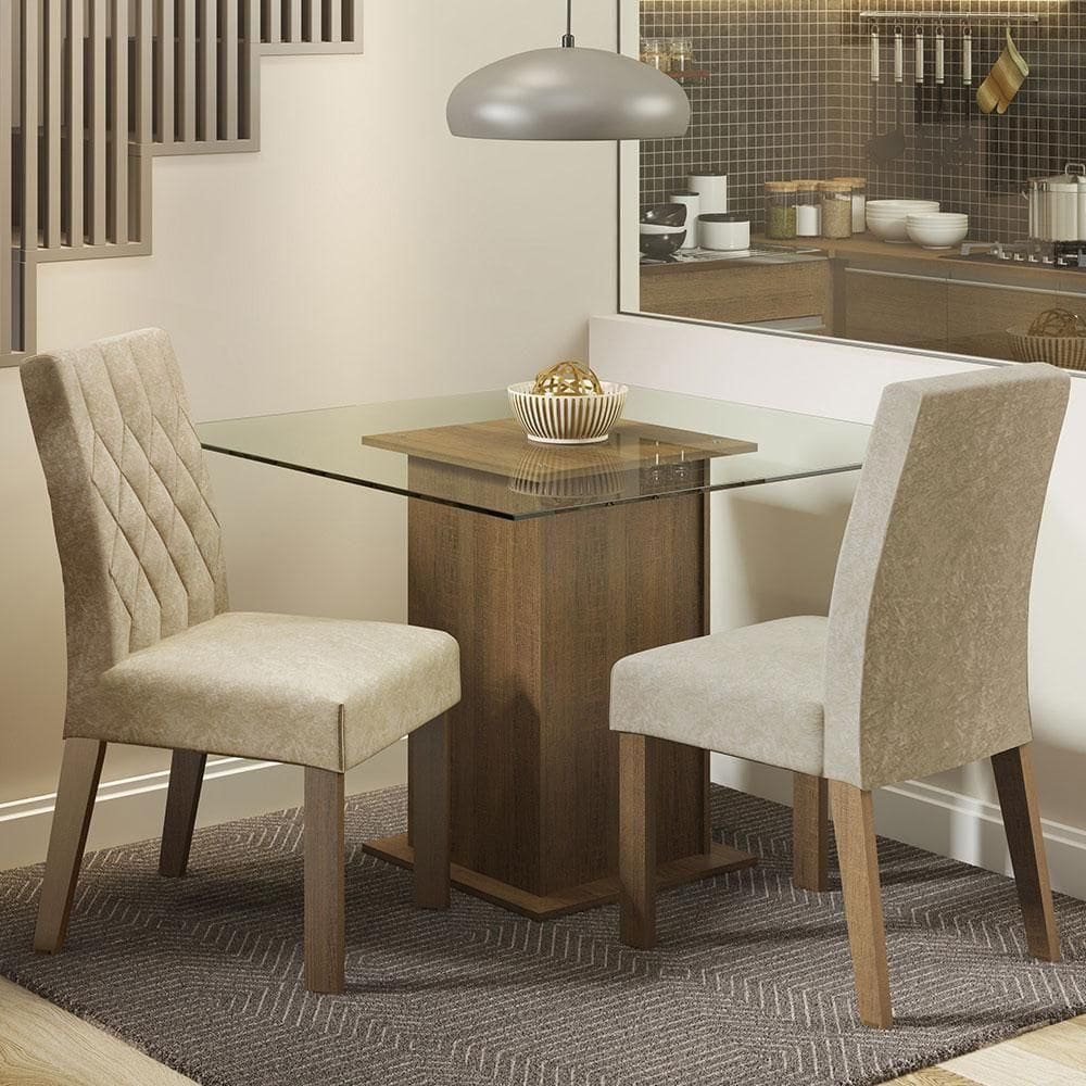 Conjunto Sala De Janta Mesa Tampo De Vidro 2 Cadeiras Rusti