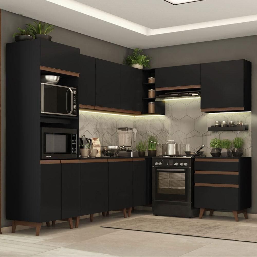 Cozinha Completa de Canto com Armário e Balcão Preto