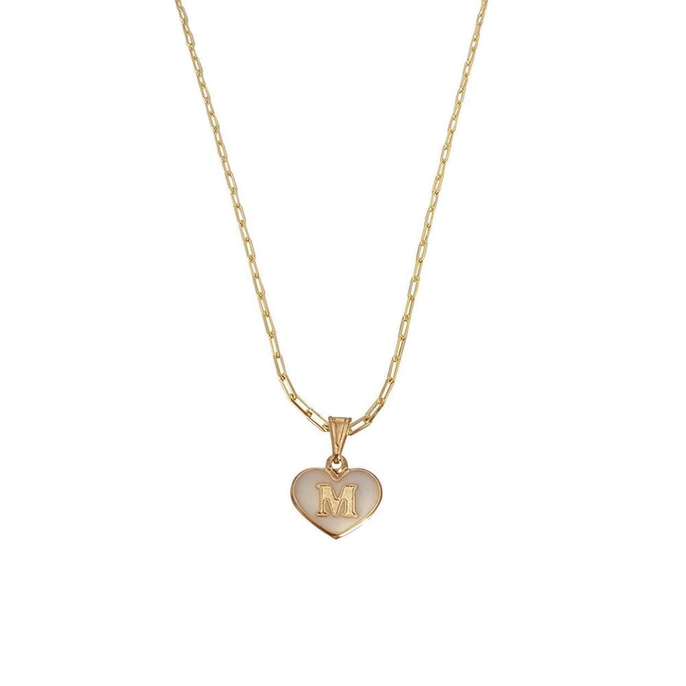 Colar Cartier 45Cm Coração Branco Letra M Banhado Ouro 18K