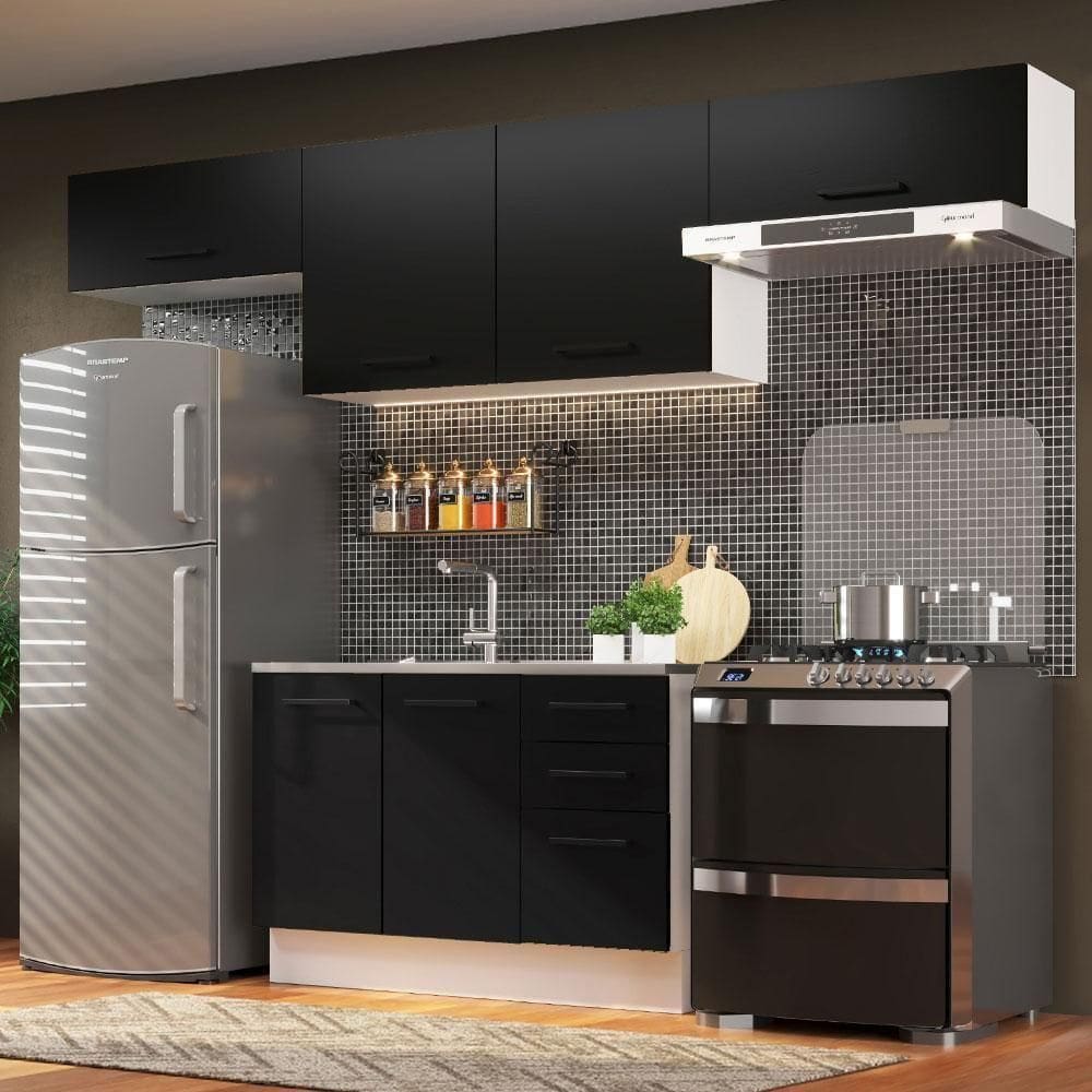 Cozinha Compacta Madesa Agata Armário e Balcão Branco Preto