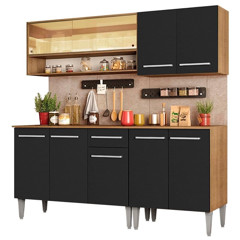 Cozinha Completa Madesa Balcão e Armário Vidro Rustic/preto