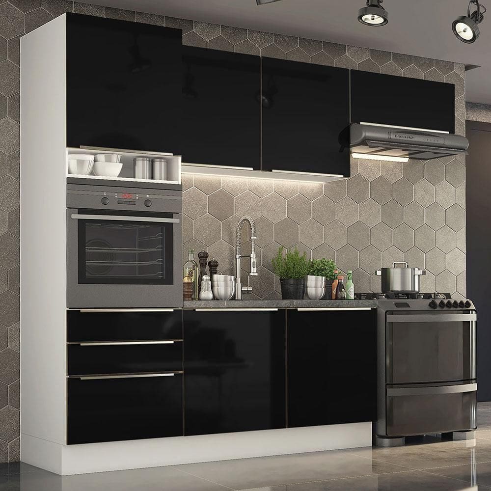 Cozinha Lux com Armário e Balcão 6 Portas Branco Preto