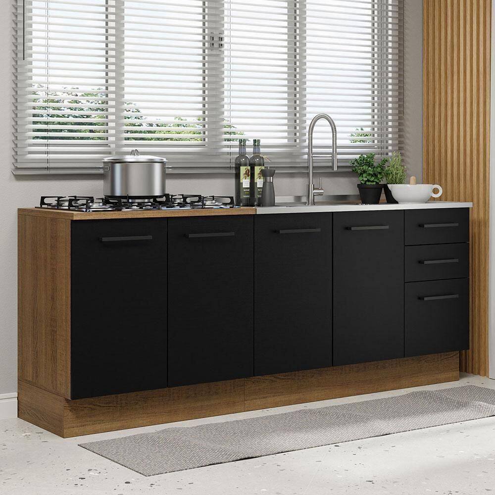 Kit Com 2 Balcões De Cozinha 3 Gavetas 4 Portas Rustic Preto