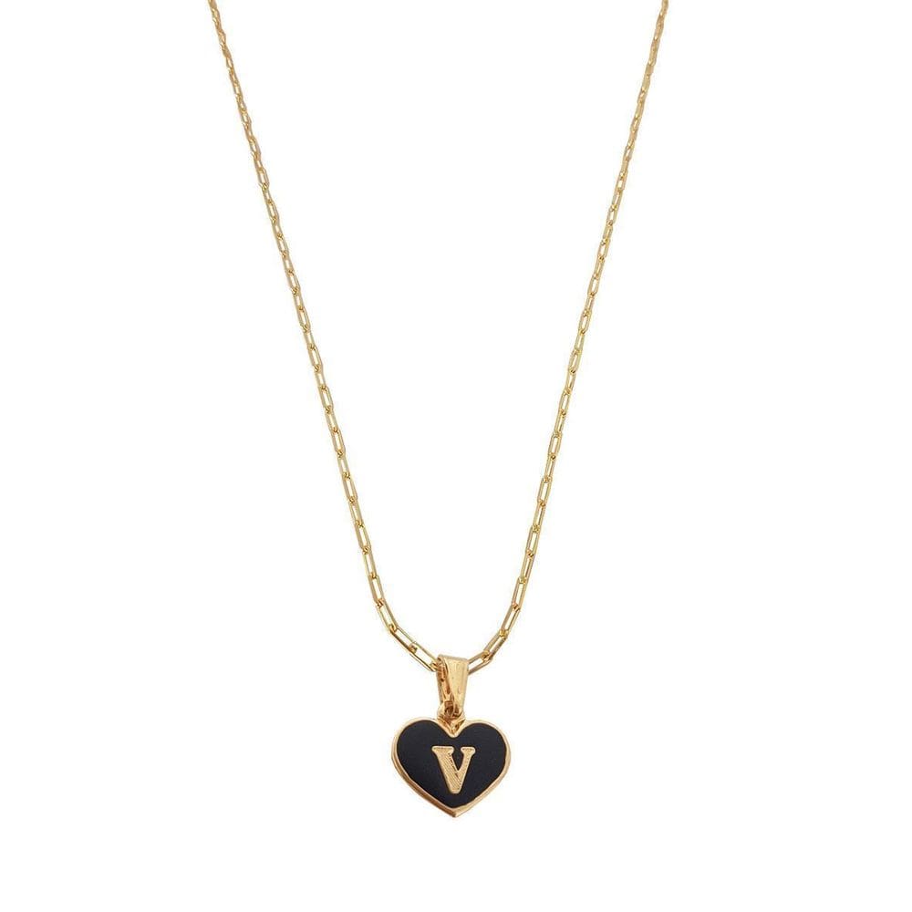 Colar Cartier 50Cm Coração Negro Letra V Banhado Ouro 18K