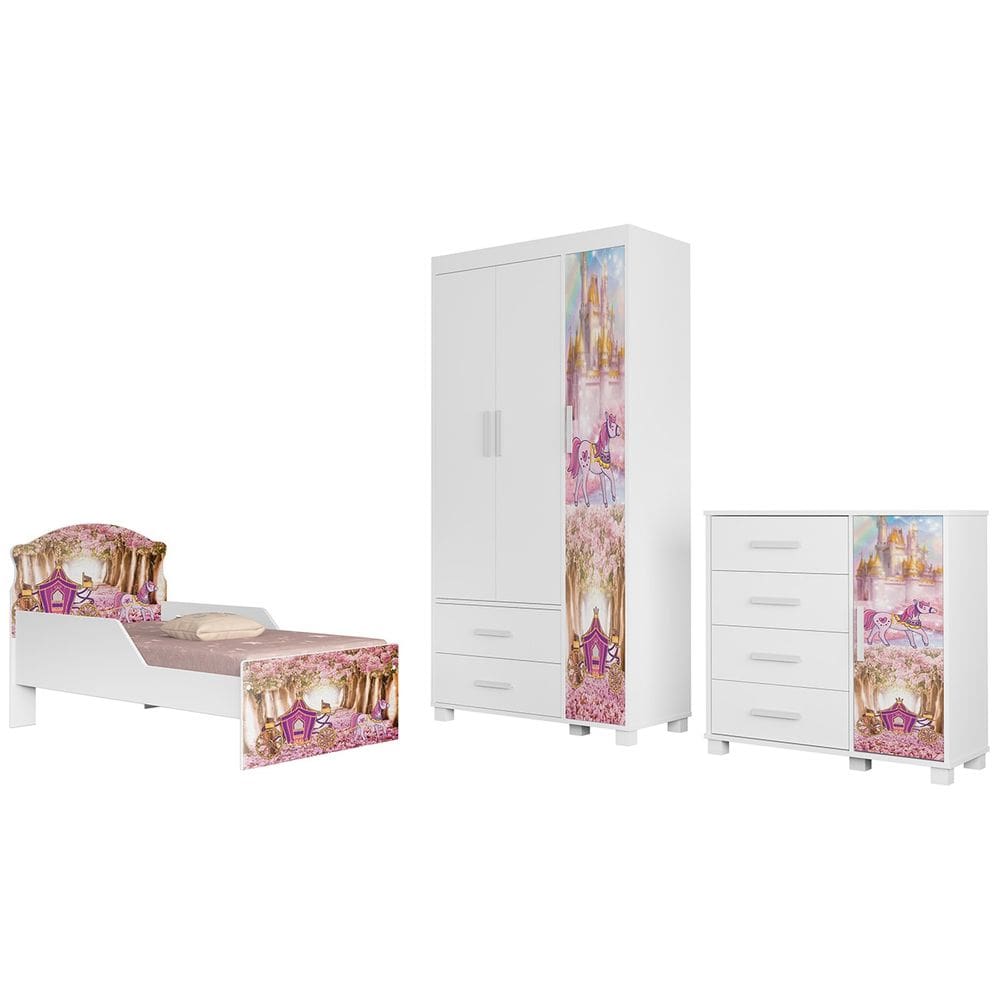 Quarto Infantil 3 Peças Com Mini Cama Carruagem Rosa Z53    - Mpozenato