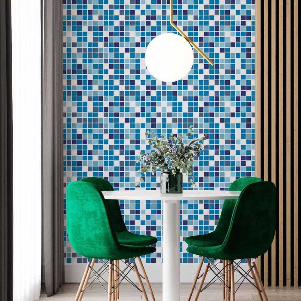 Kit 5 Rolos Papel De Parede Adesivo Pastilha Azul 3,0M