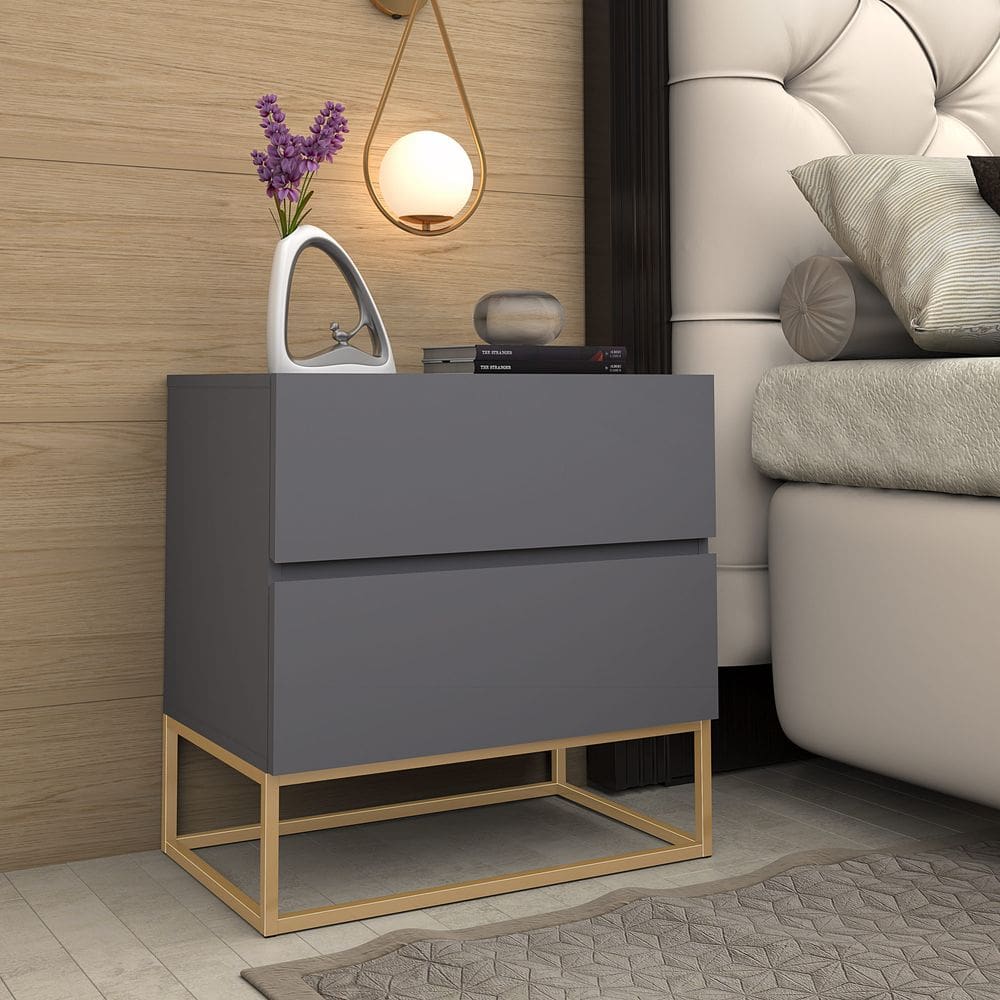 Mesa De Cabeceira Eros 45 Cinza Com Pés Em Ferro Dourado