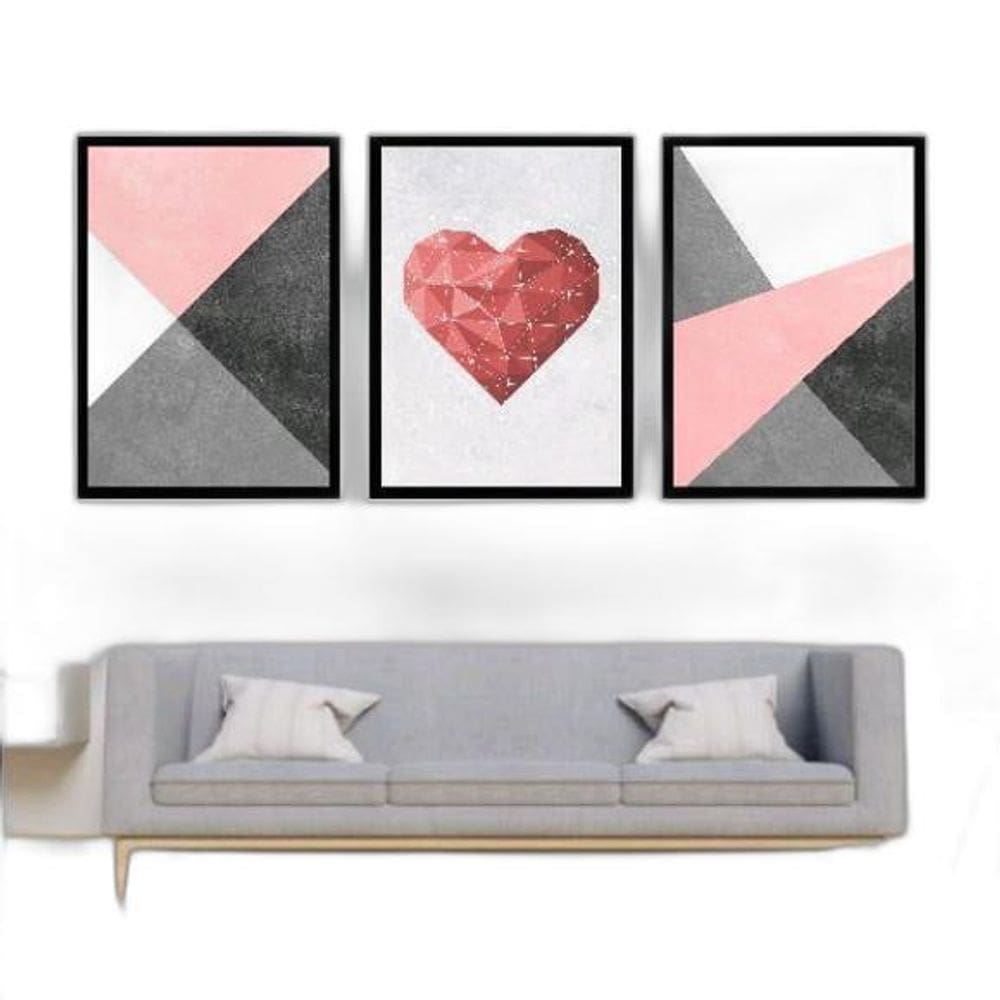 Kit 3 Quadros Coração Geométrico 33X24Cm - Moldura Preta