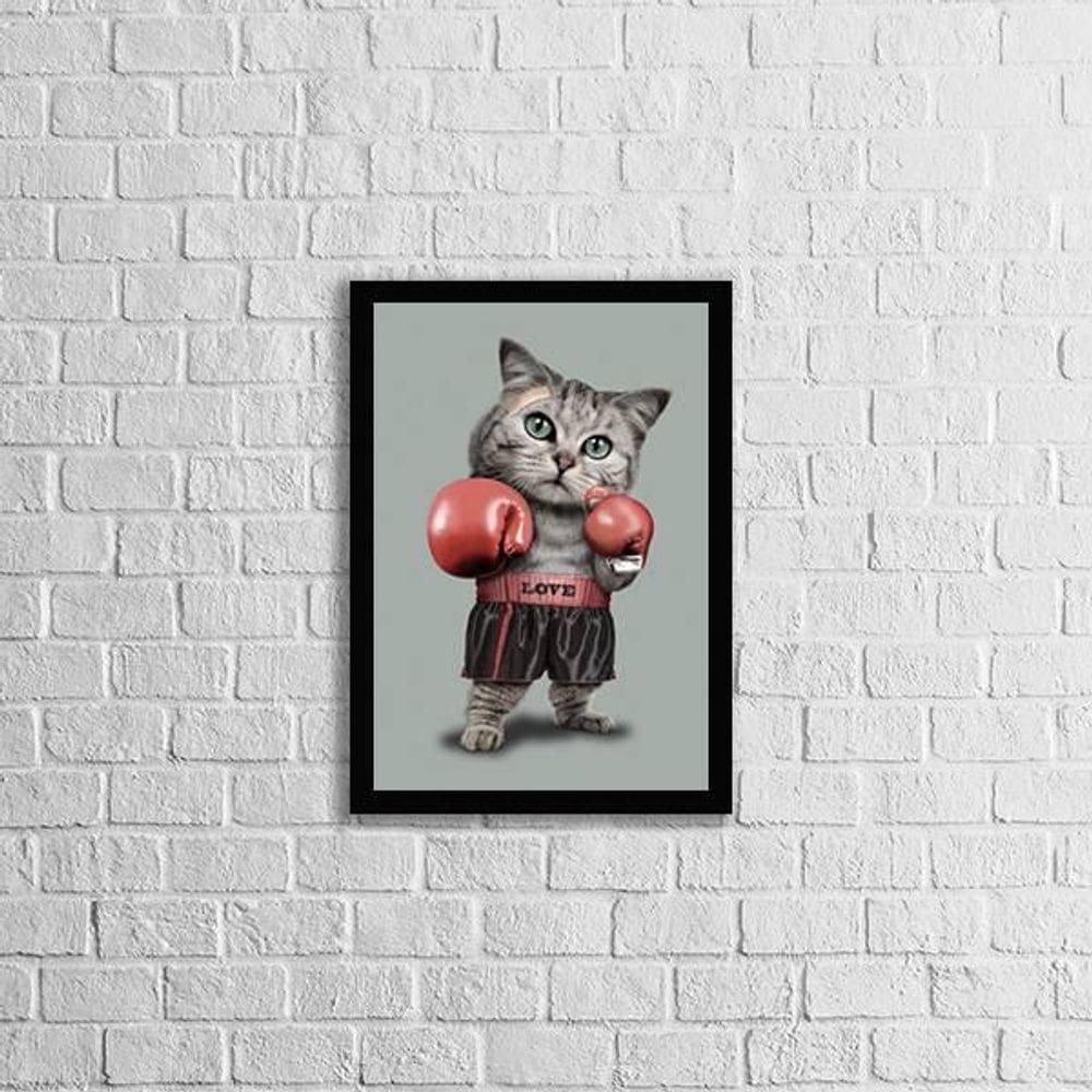 Quadro Gato Lutador De Boxe 33X24Cm - Vidro Moldura Preta