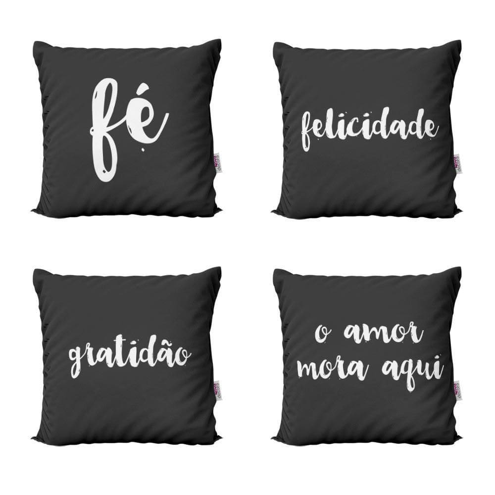 Kit 4 Almofadas Decorativas Pretas Com Frases Gratidão 40X40