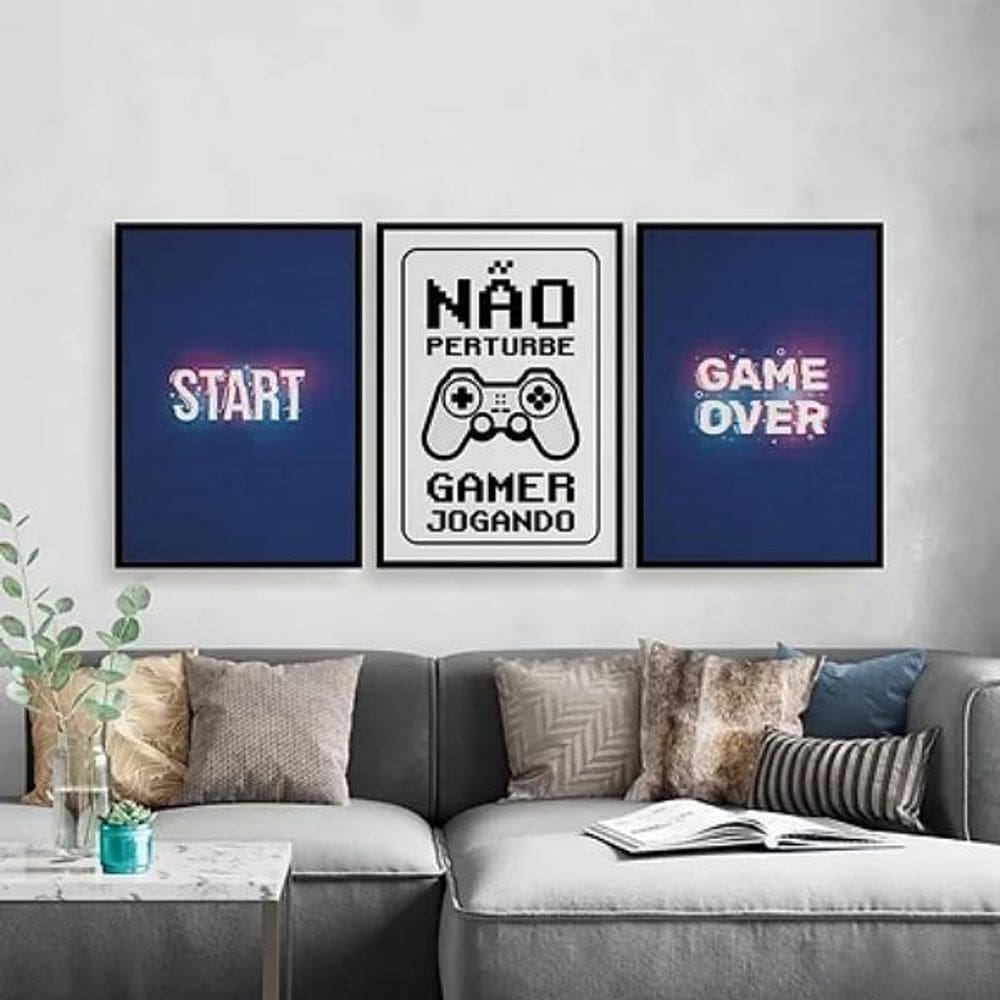 Kit Quadros Gamer Start Game Over 24X18Cm - 3 Unidades