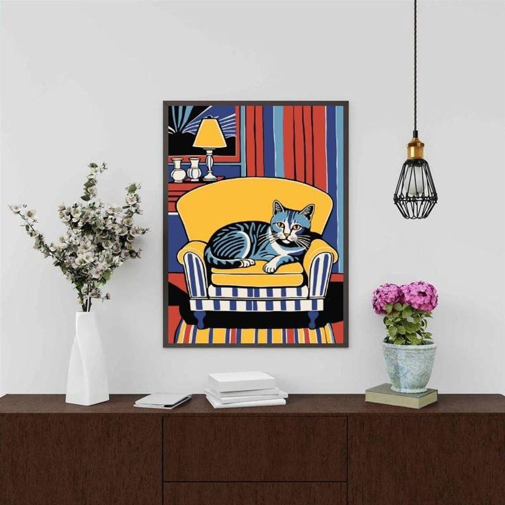 Quadro Decorativo Gato Na Sala 45X34Cm