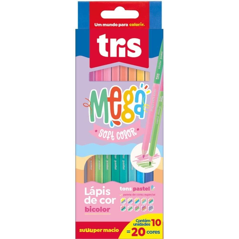 Lápis De Cor Triangular Mega Tons Pastel Bicolor 20cores 6un