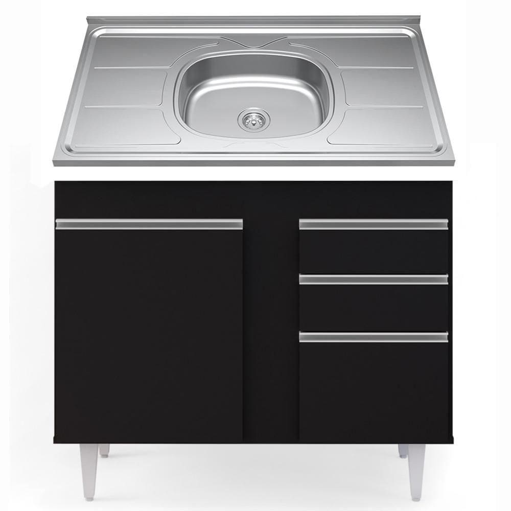Balcão Gabinete Com Pia Inox 100cm 2 Portas 2 Gavetas Luziania Preto - Lumil
