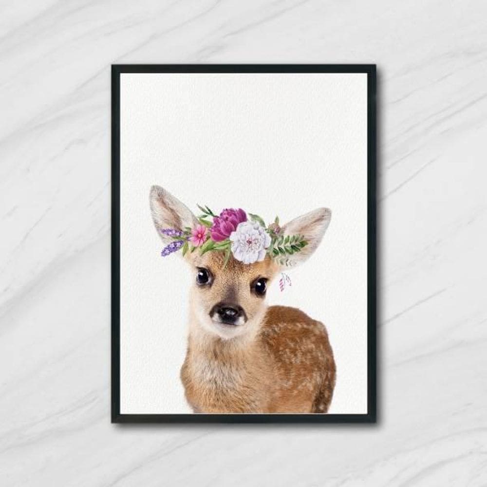 Quadro Veadinho Coroa De Flores Moldura Preta 24X18Cm