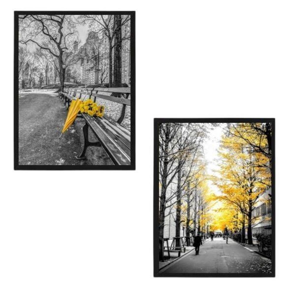 Quadro Cidades Flores Amarelas Moldura Preta 24X18Cm 2 Peças
