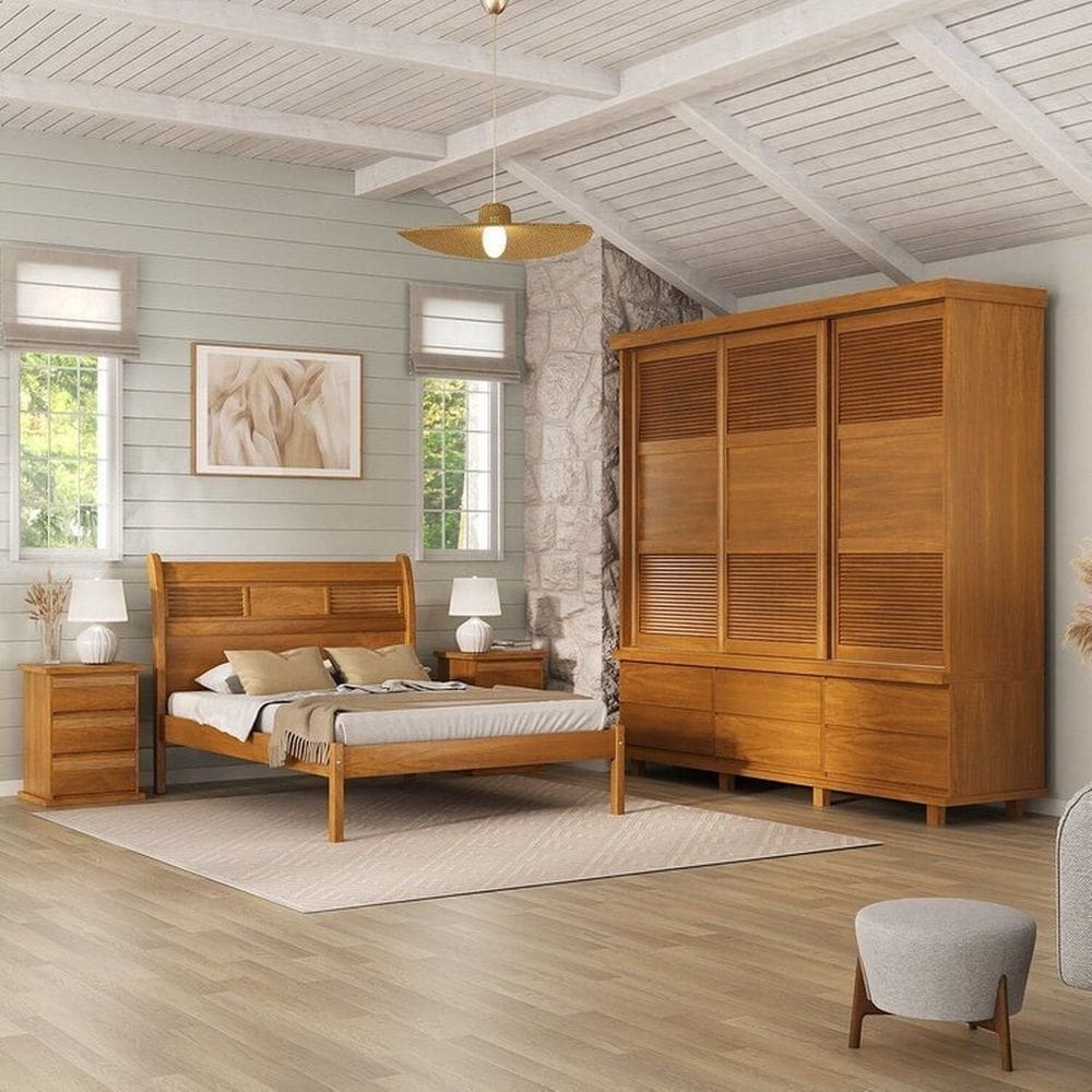 Conjunto para Quarto Casal com Cama King e Guarda-Roupa 3 Portas de Correr Veneziana Mogno Mel