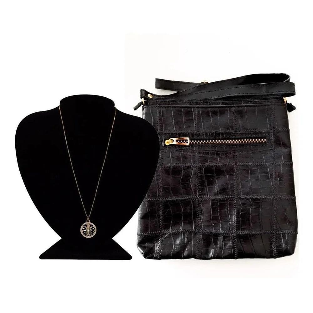 Kit Luxo Colar 50Cm N. Senhora Cravejado + Bolsa 100% Couro
