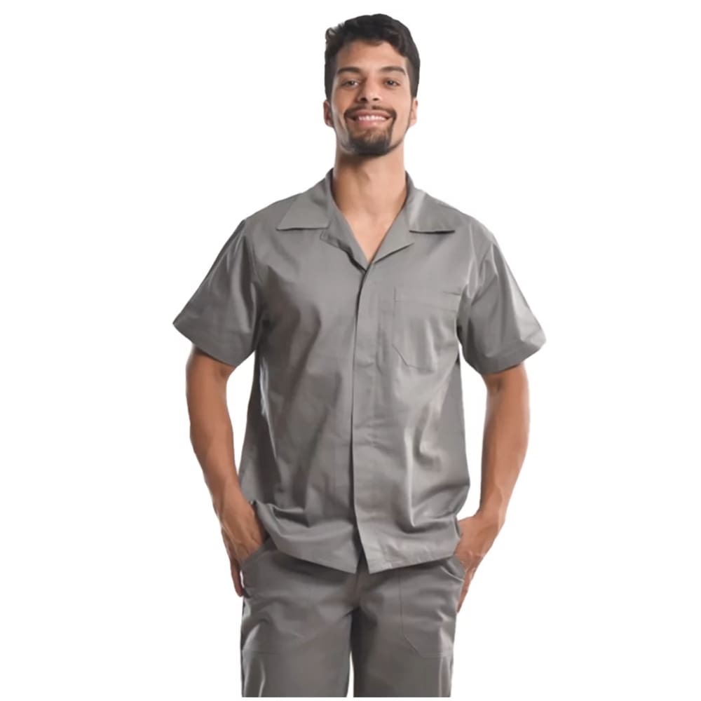 Camisa Profissional Modelo Aberto Mangas Curtas Botões Cinza