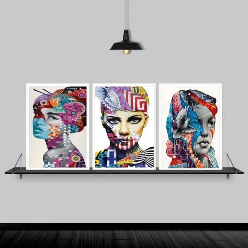 Kit 3 Quadros Mulheres Geométricas Coloridas 45X34Cm Branca