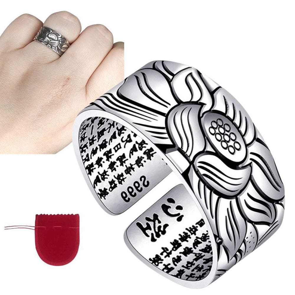 Anel Prateado Feng Shui Sorte Flor De Lótus Mantra Regulável