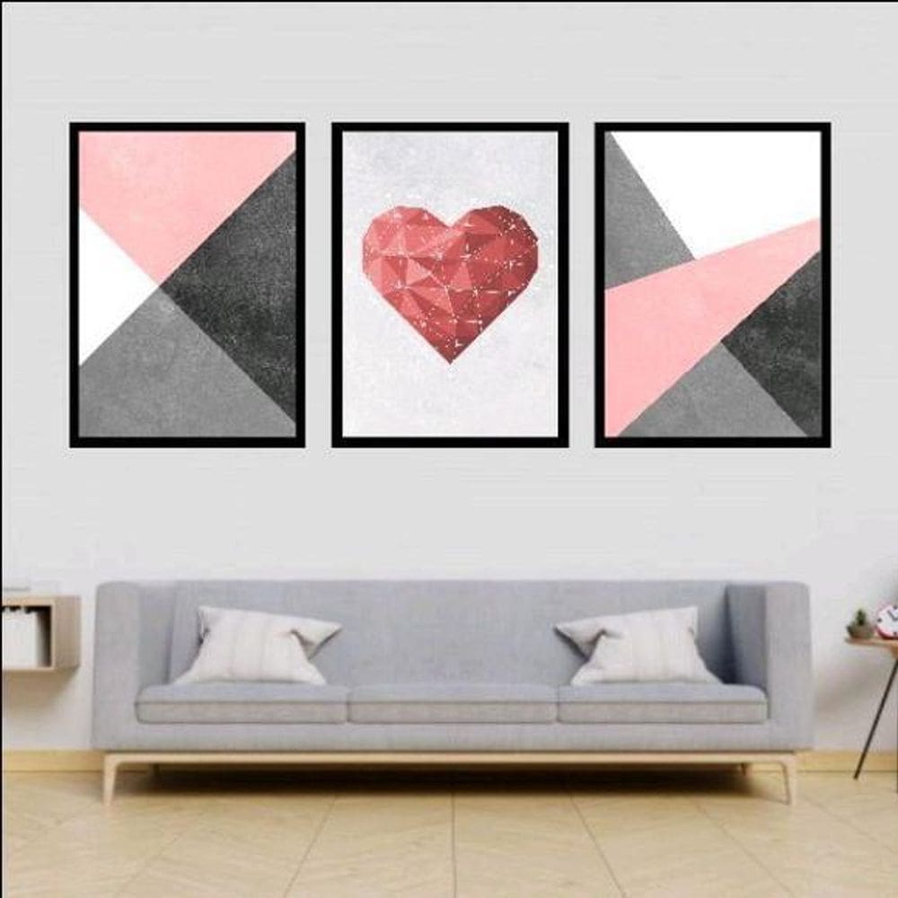Quadros Coração Geométrico Moldura Preta 24X18Cm 3 Peças