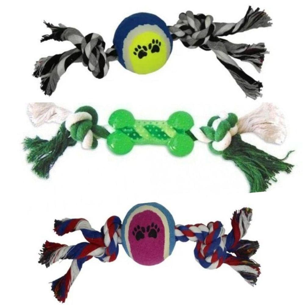 Kit 3 Brinquedos De Corda Com Bola Tênis E Ossinho Para Cães
