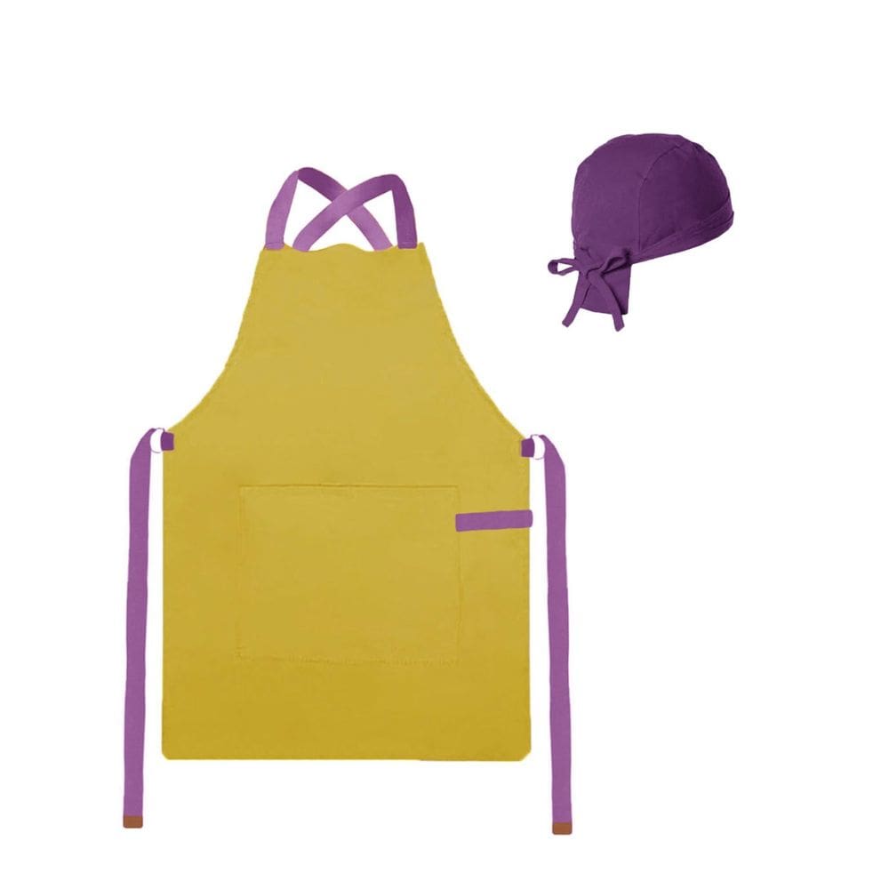 Avental Amarelo Alça Cruzada Bandana Faixa Roxo Restaurante