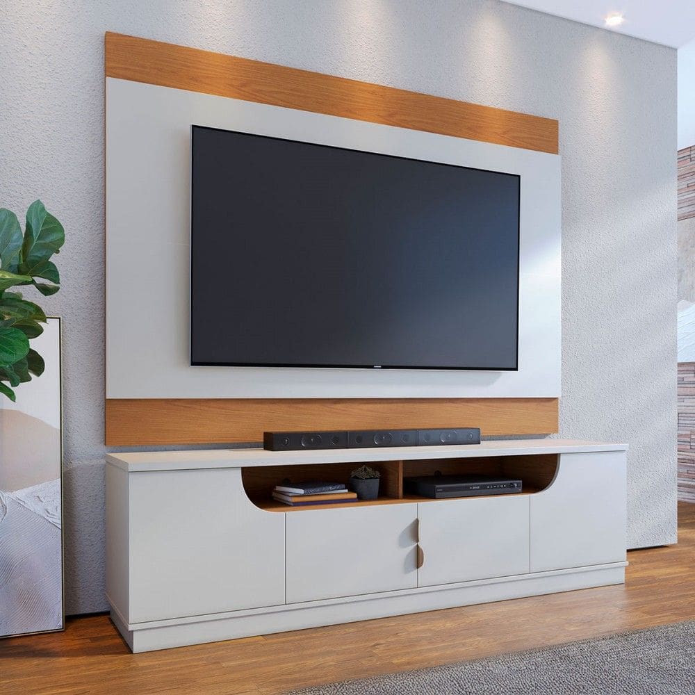 Rack com Painel para TV Até 75 Polegadas Mirante 4 Portas Off White Matte/Freijó - Pnr Móveis