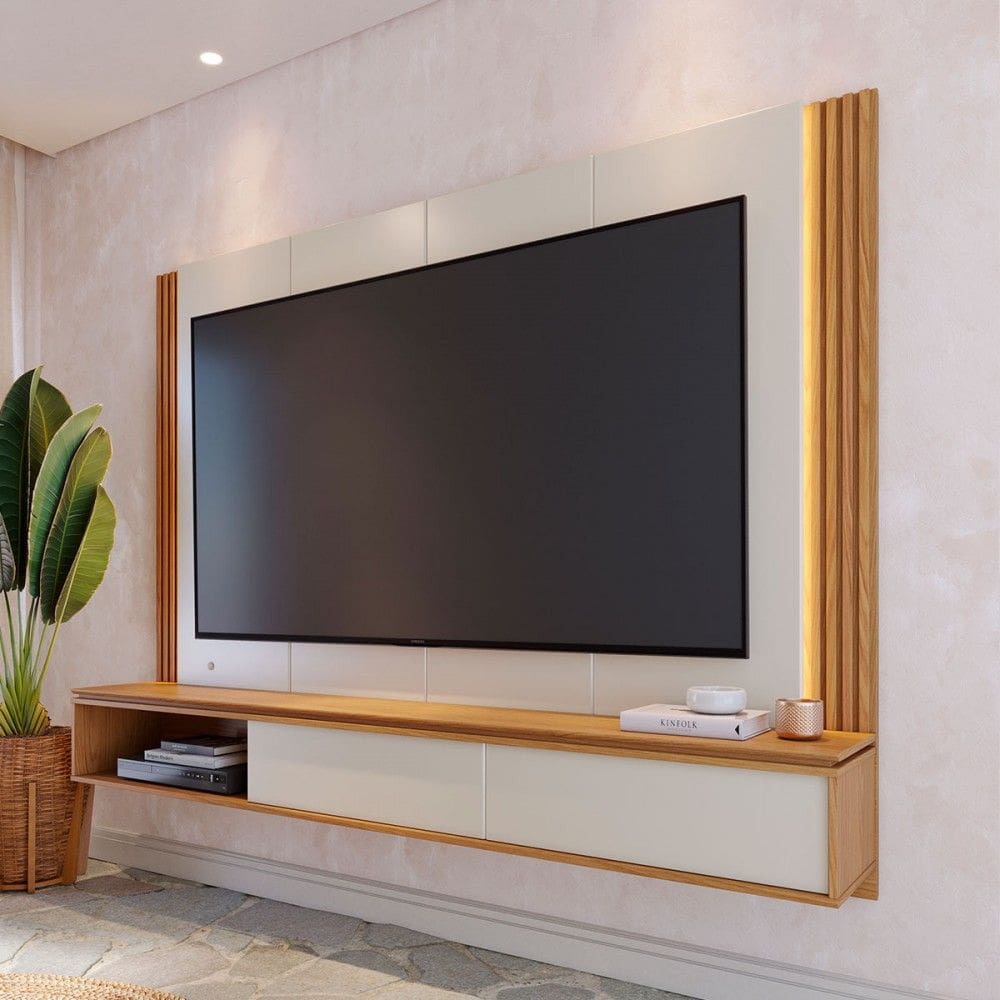 Painel para TV Até 75 Polegadas Açores 2 Portas Ripado com Led Off White Matte/Freijó - Pnr Móveis