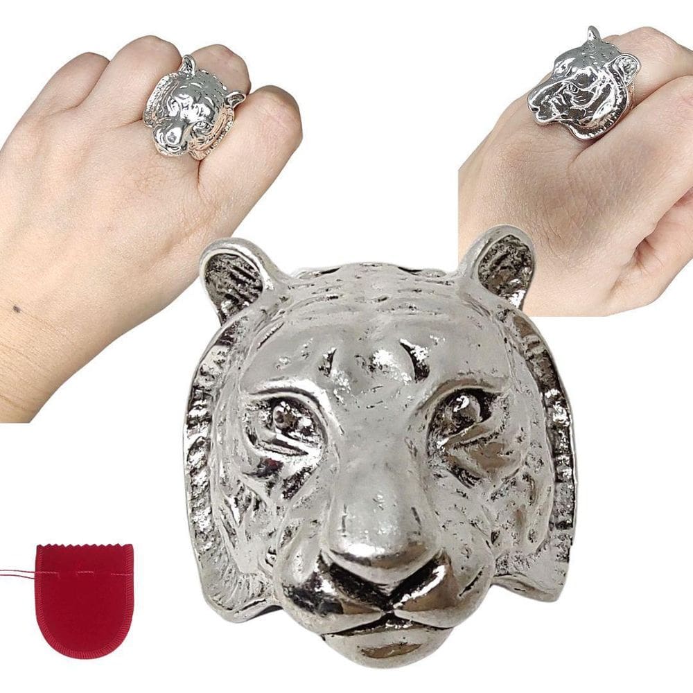 Anel Grande Prateado Cara Tigre Regulável + Saquinho Veludo