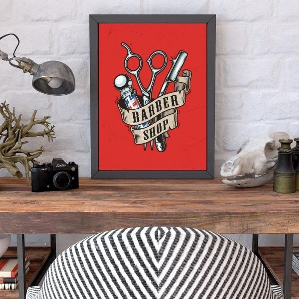 Quadro Decorativo Barber Shop Tesouras Moldura Preta 24X18Cm