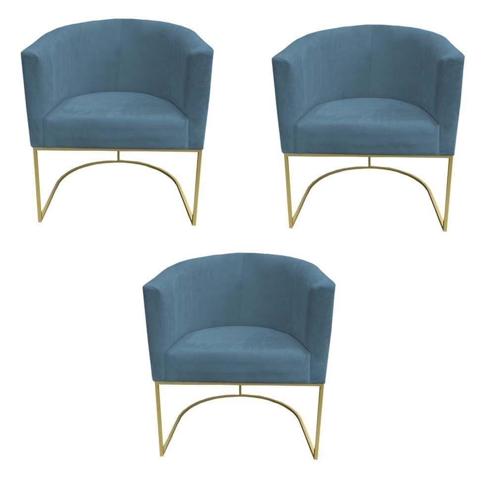 Kit 03 Poltronas Paola Base De Ferro Sued Azul Tiffany D`classe Decor