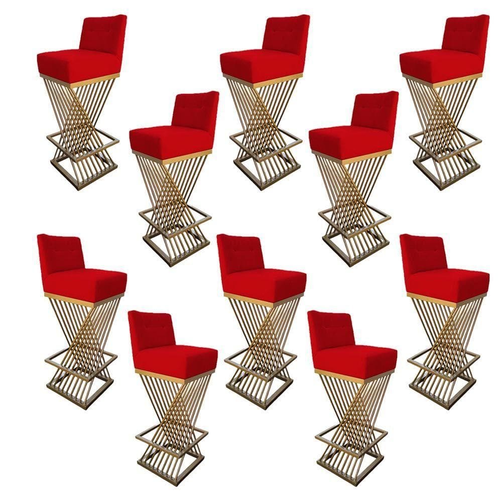 Kit 10 Banquetas Luma Base De Ferro Sued Vermelho D`classe Decor